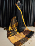 Black and Gold Cotton Saree with Silver & Gold Border – Elegant Everyday & Occasion Wear