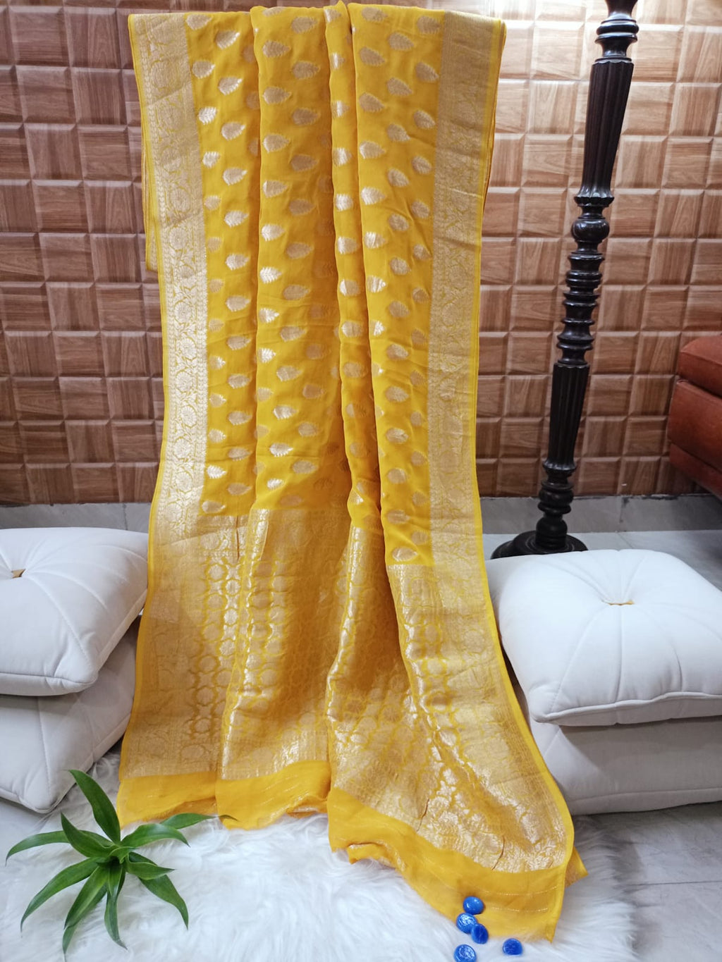 Khaddi Georgette Yellow Saree | Lightweight Festive & Wedding Wear