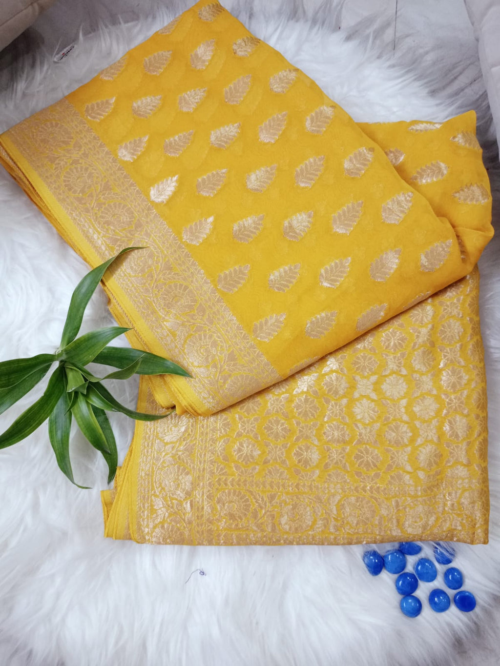 Khaddi Georgette Yellow Saree | Lightweight Festive & Wedding Wear