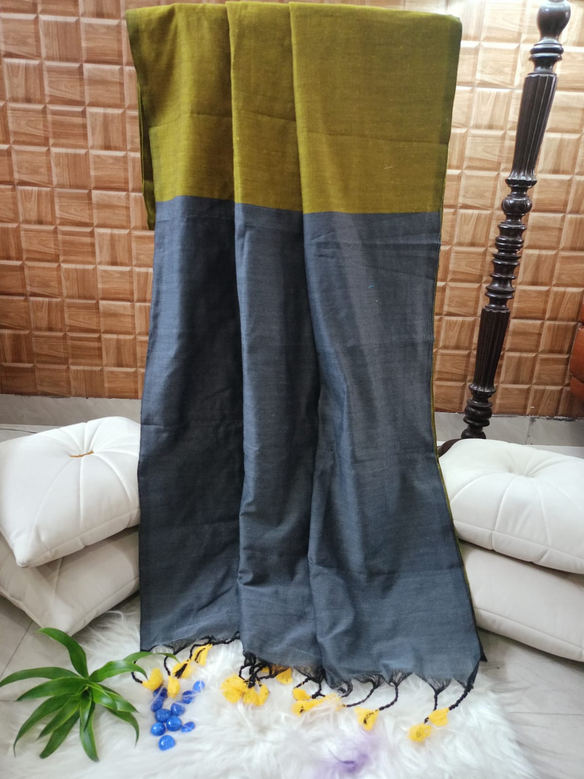 Grey and Green Cotton Saree