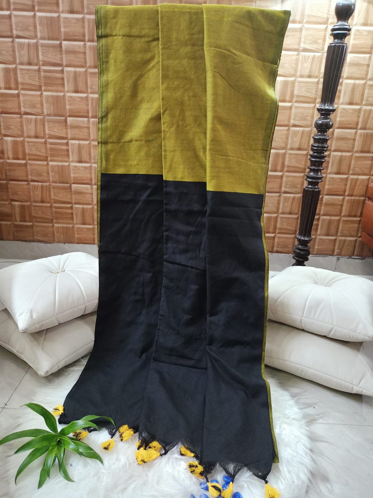 Black and Green Cotton Saree