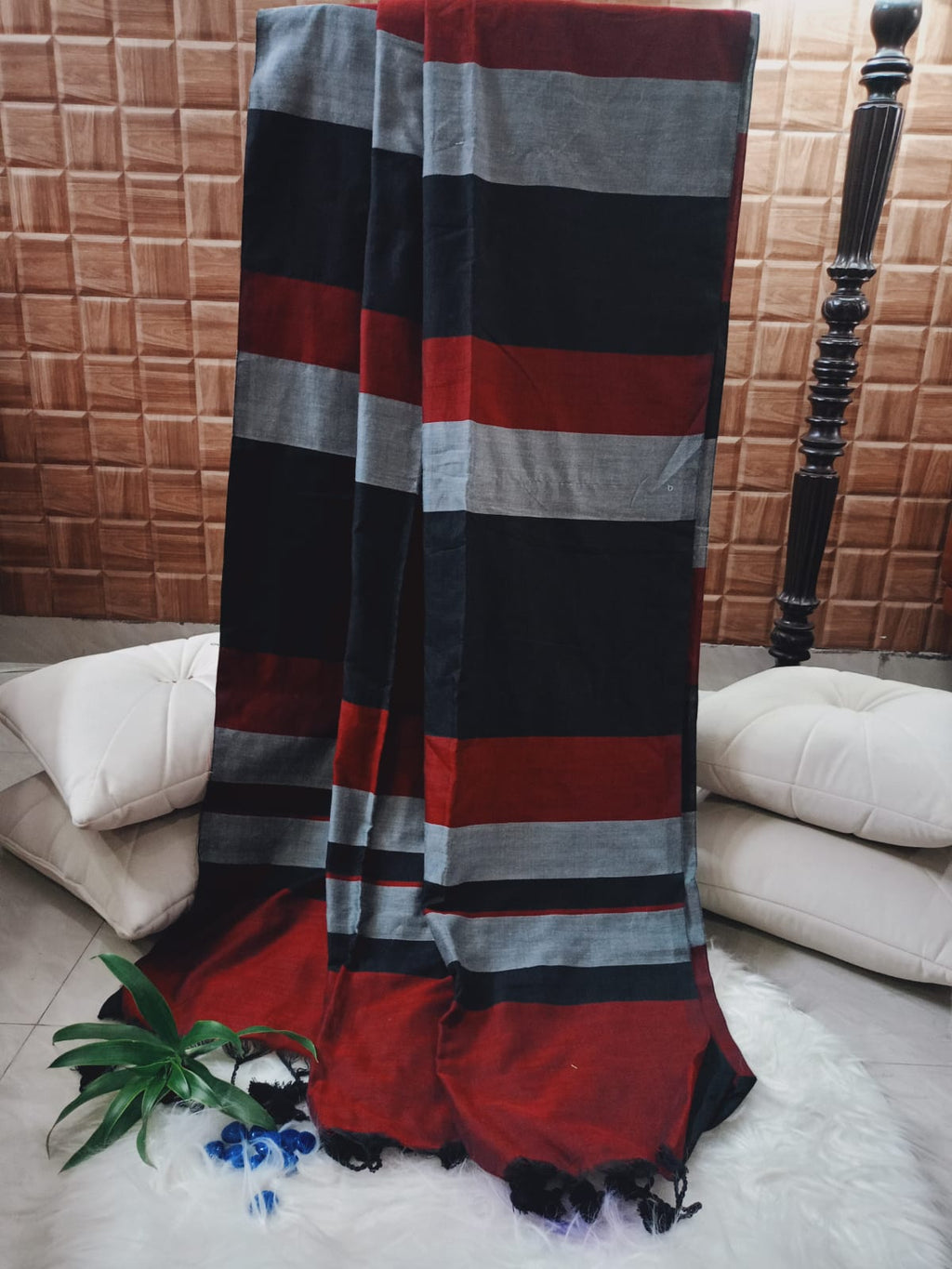 Black And  Maroon Cotton Saree