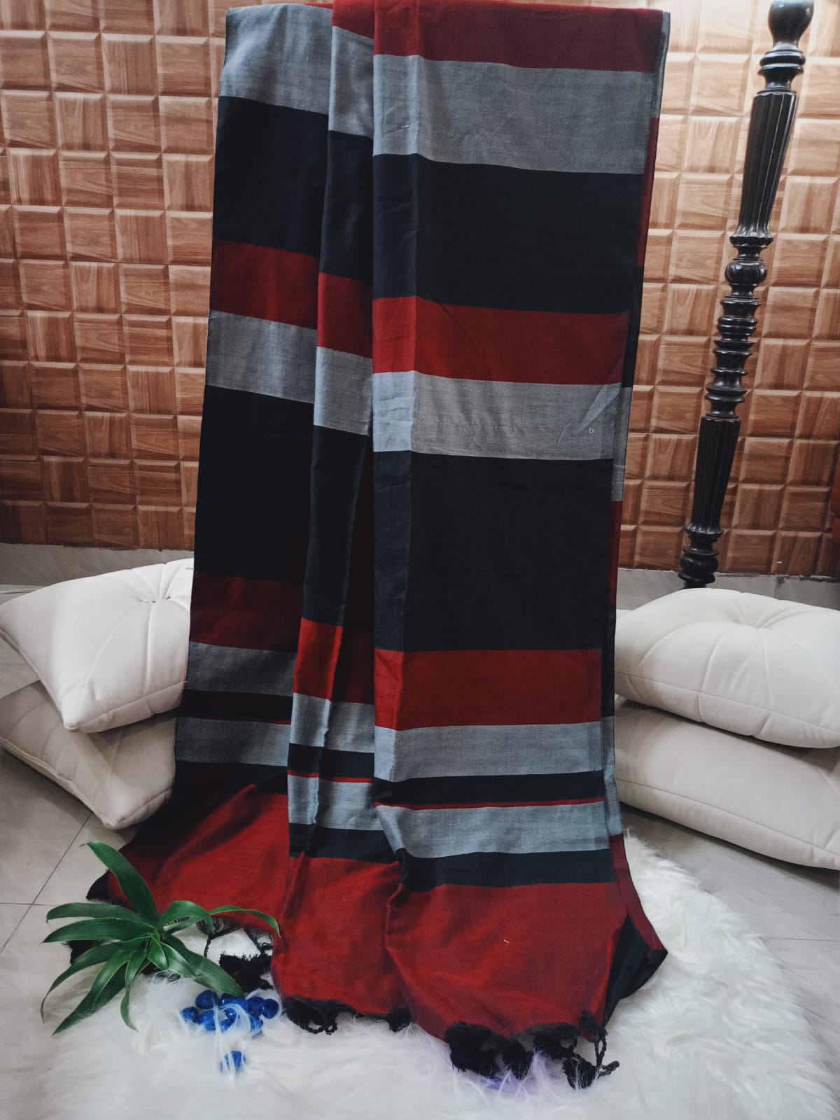 Black And  Maroon Cotton Saree