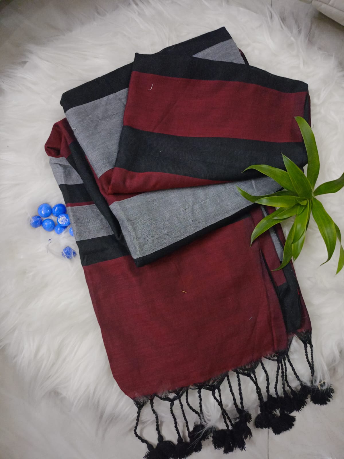Black And  Maroon Cotton Saree