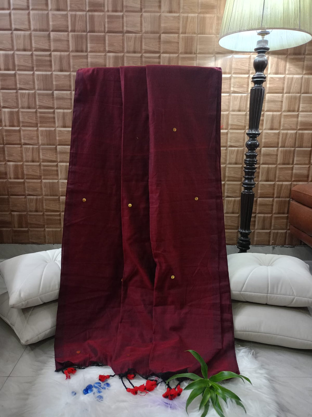 Maroon Cotton Sequin Saree With Tassels