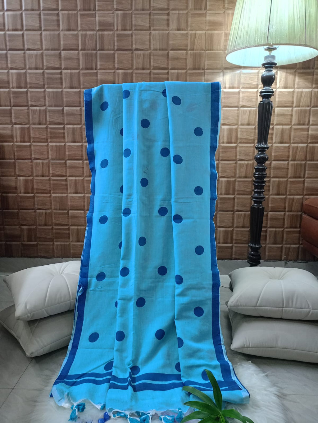 Blue and Turquoise Polka Mul Cotton Saree with Tassel