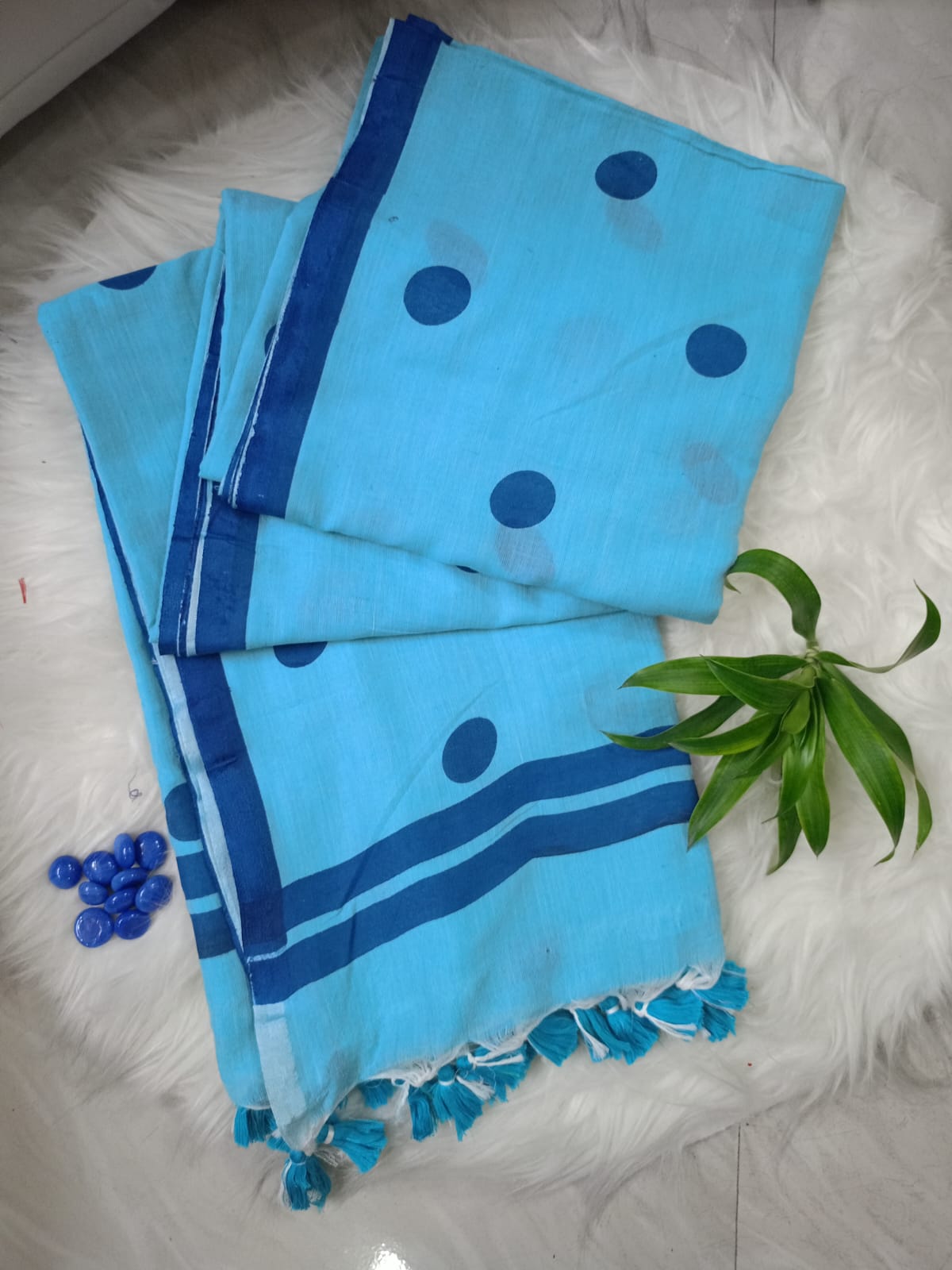 Blue and Turquoise Polka Mul Cotton Saree with Tassel