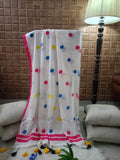 White and Multi Color Polka Mul Cotton Saree with Tassel