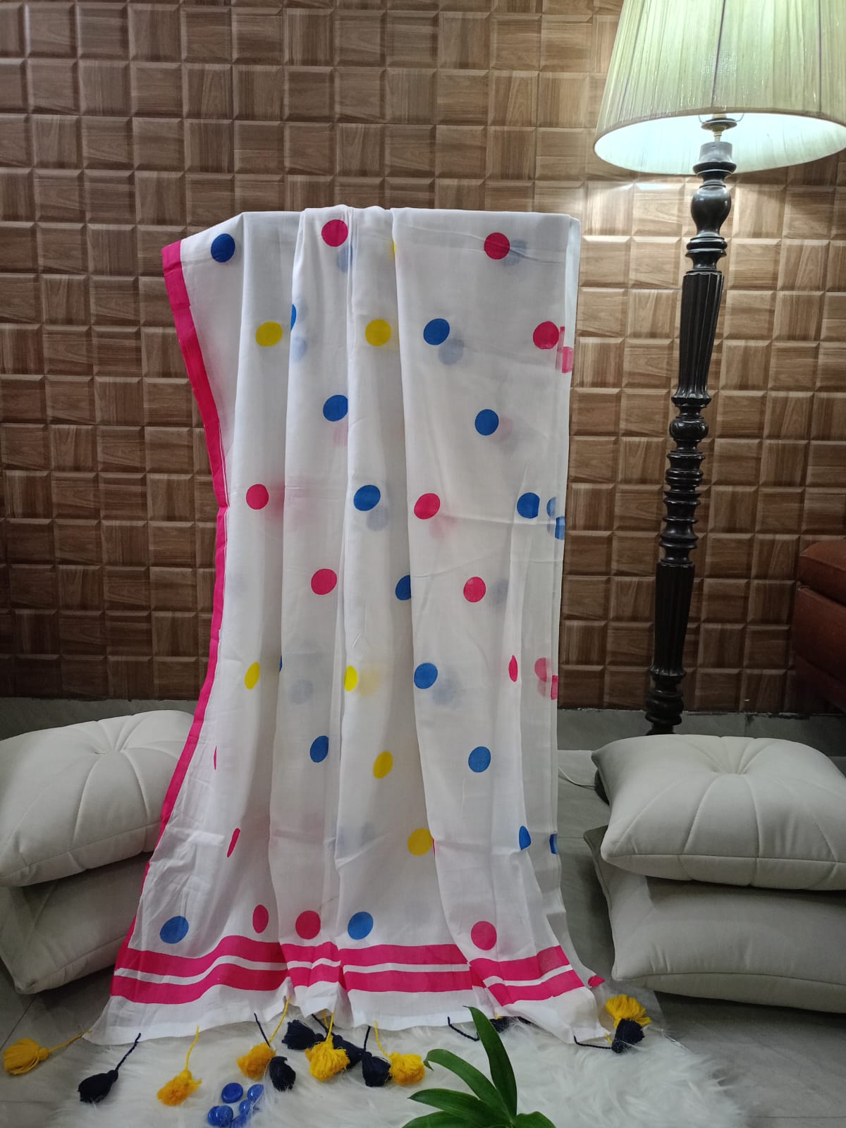 White and Multi Color Polka Mul Cotton Saree with Tassel