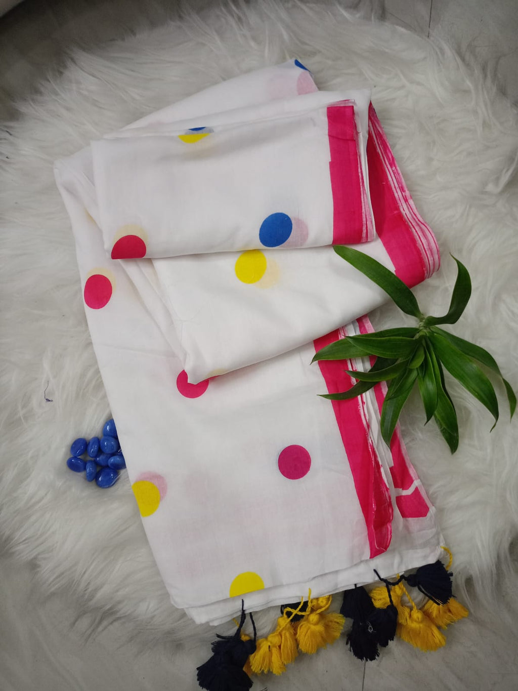 White and Multi Color Polka Mul Cotton Saree with Tassel