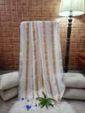 Plain White  with Gold and Silver Strip Mul Cotton Saree With Tassels
