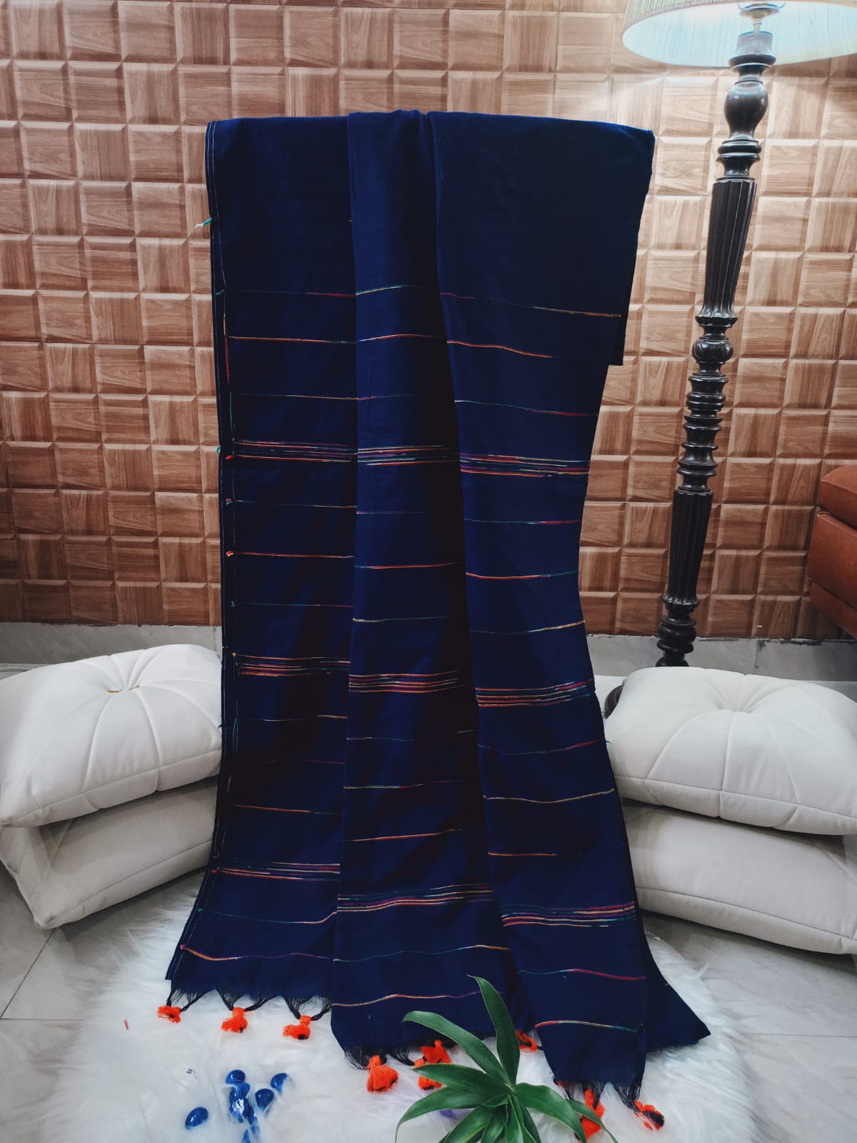 Blue Cotton Multi Color Strip Saree With Tassels