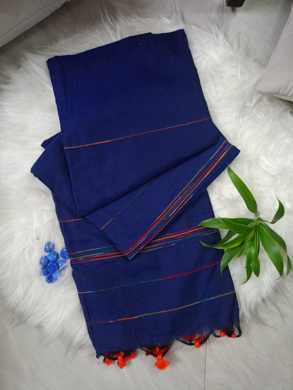 Blue Cotton Multi Color Strip Saree With Tassels