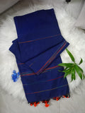 Blue Cotton Multi Color Strip Saree With Tassels