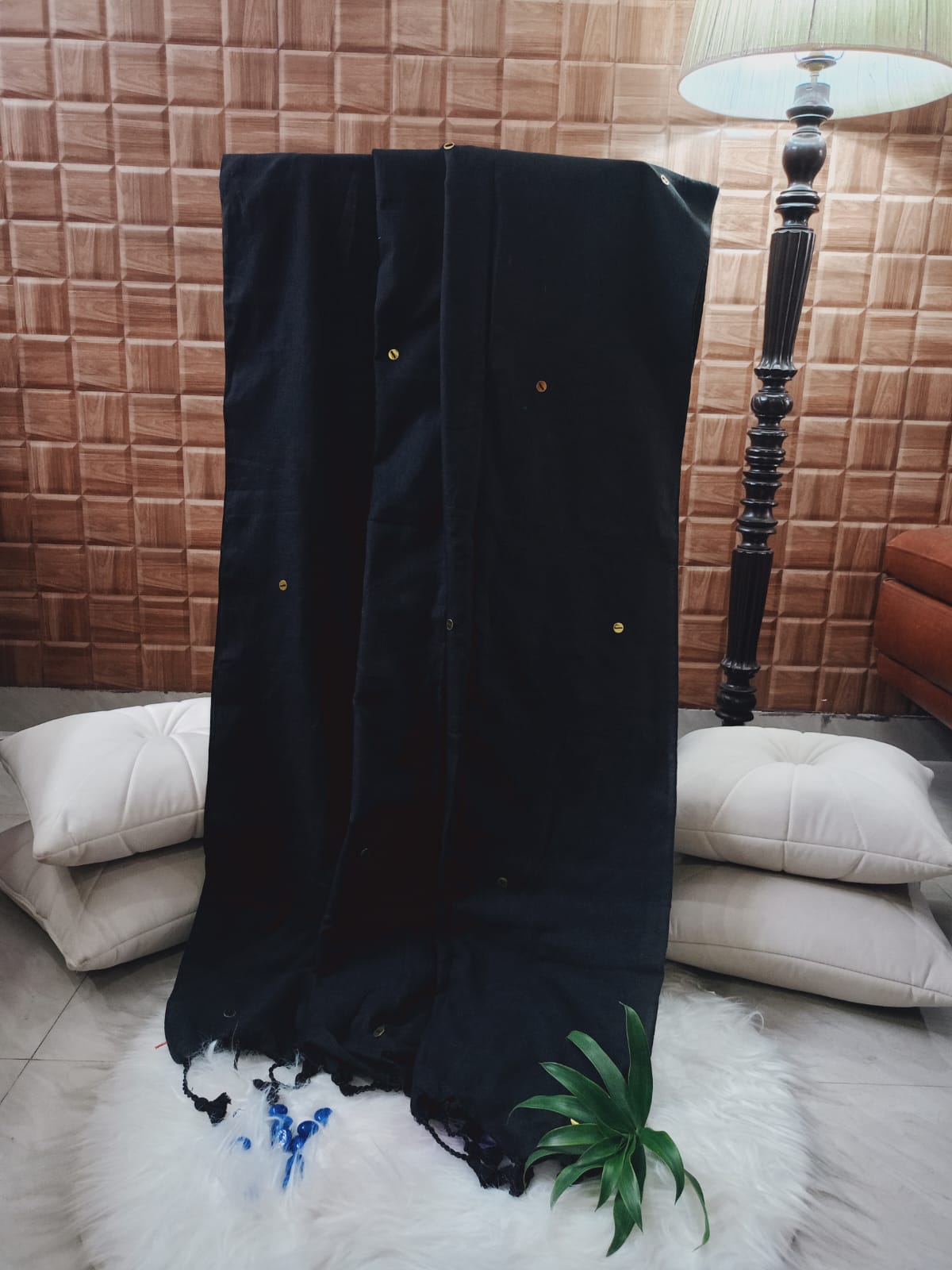 Black Cotton Sequin Saree With Tassels