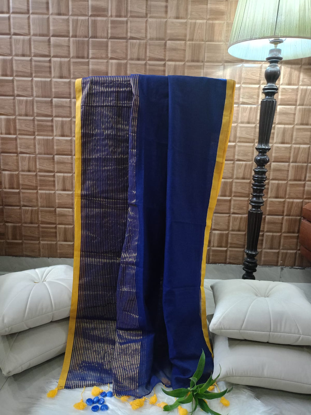 Blue and Golden Strip Half n Half Mul Cotton Saree with Tasse
