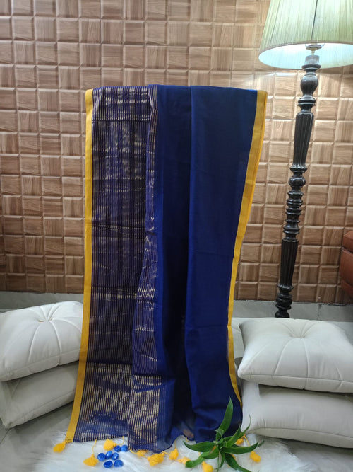 Blue and Golden Strip Half n Half Mul Cotton Saree with Tasse