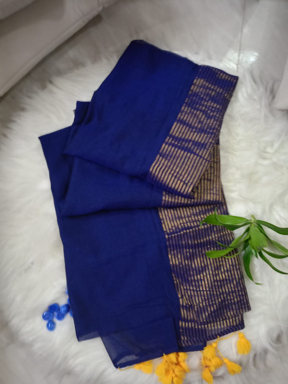 Blue and Golden Strip Half n Half Mul Cotton Saree with Tasse