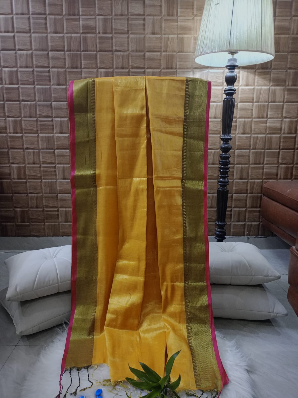 Yellow Plain Tissue Linen Saree With Tassels