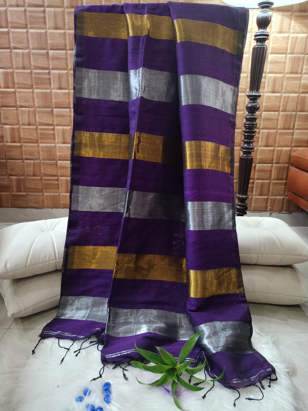 Purple Pure Linen with Gold and Silver stripes Saree