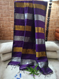 Purple Pure Linen with Gold and Silver stripes Saree