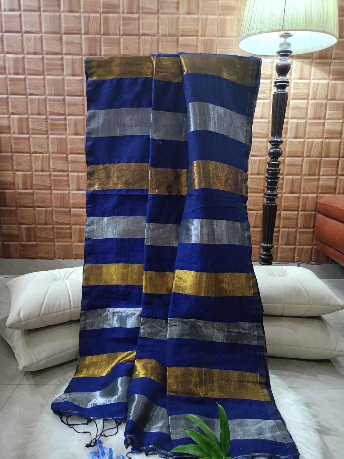 Blue Pure Linen with Gold and Silver stripes Saree
