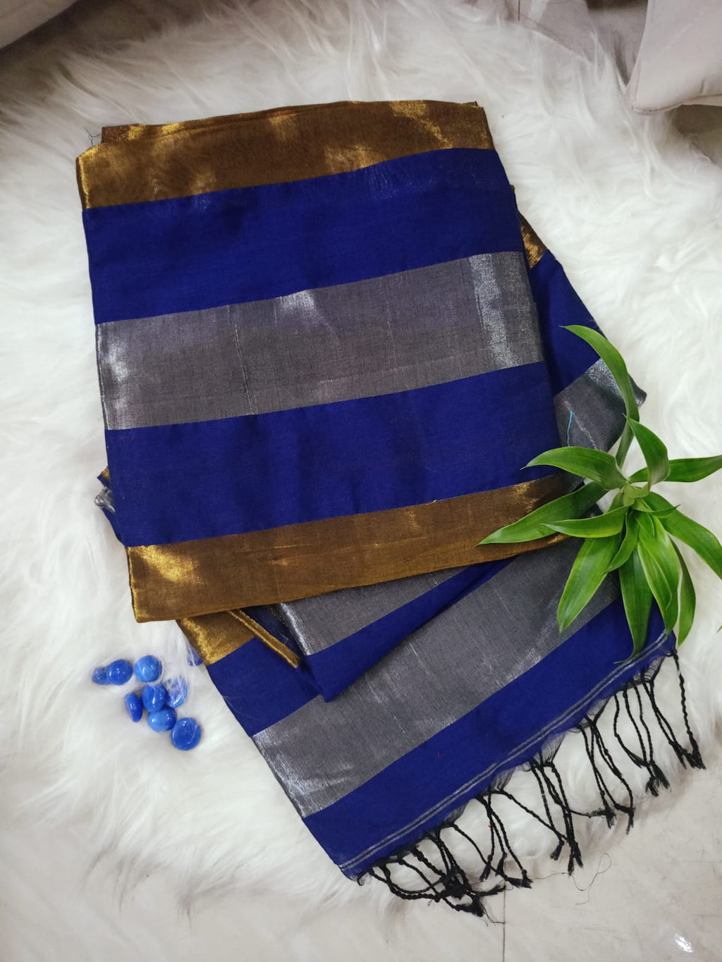 Blue Pure Linen with Gold and Silver stripes Saree