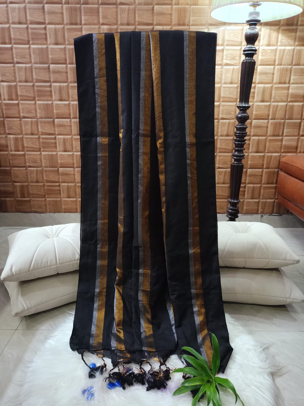 Black Pure Cotton with Gold and Silver stripes Saree