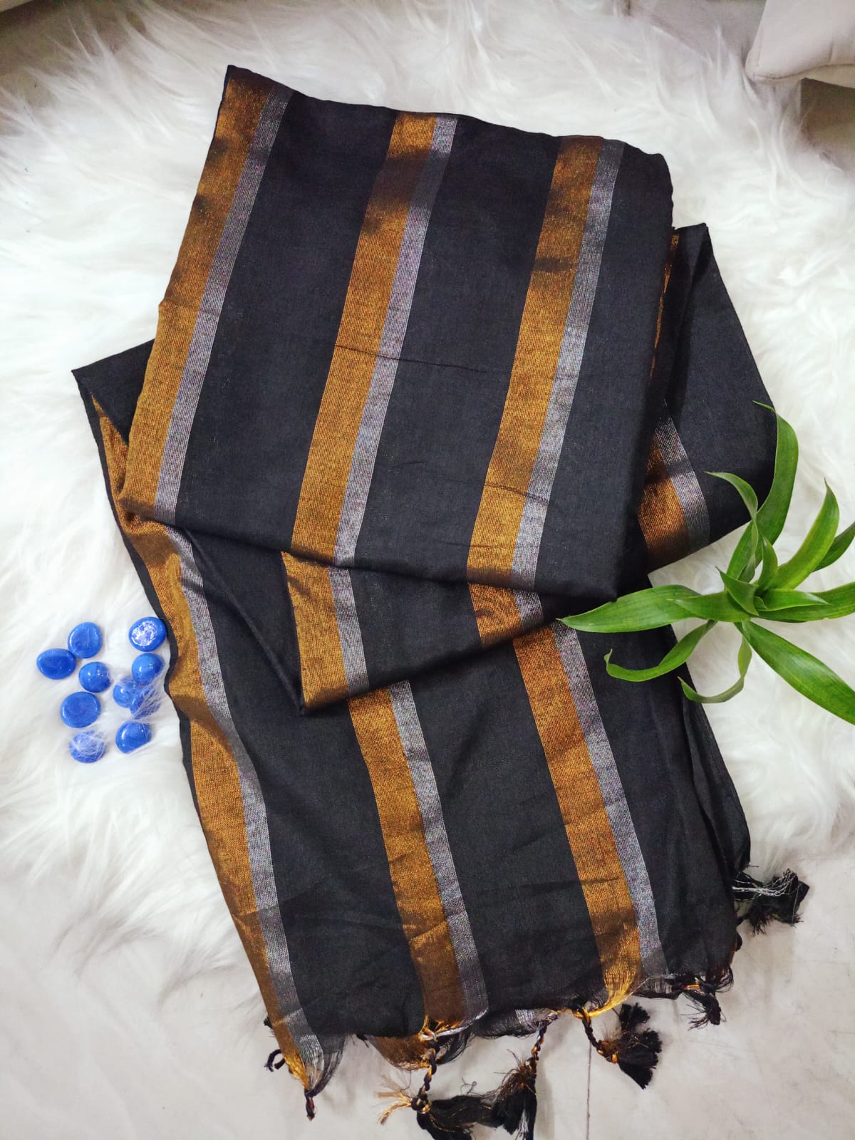 Black Pure Cotton with Gold and Silver stripes Saree