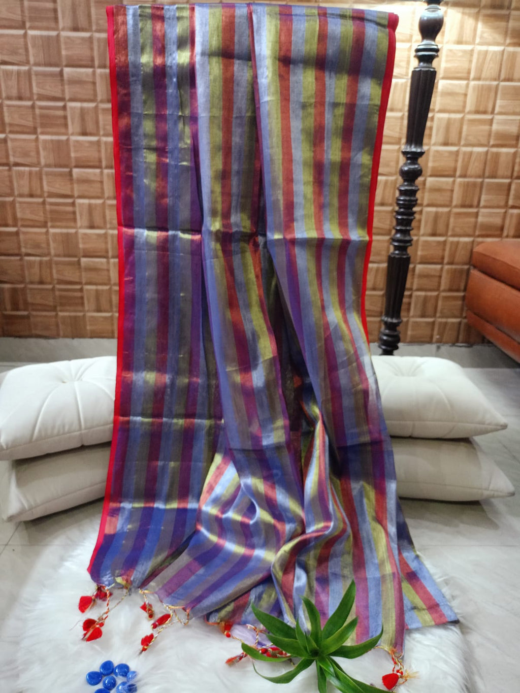 Multi Color Tissue with Gold Silver Red  Grey stripes Saree