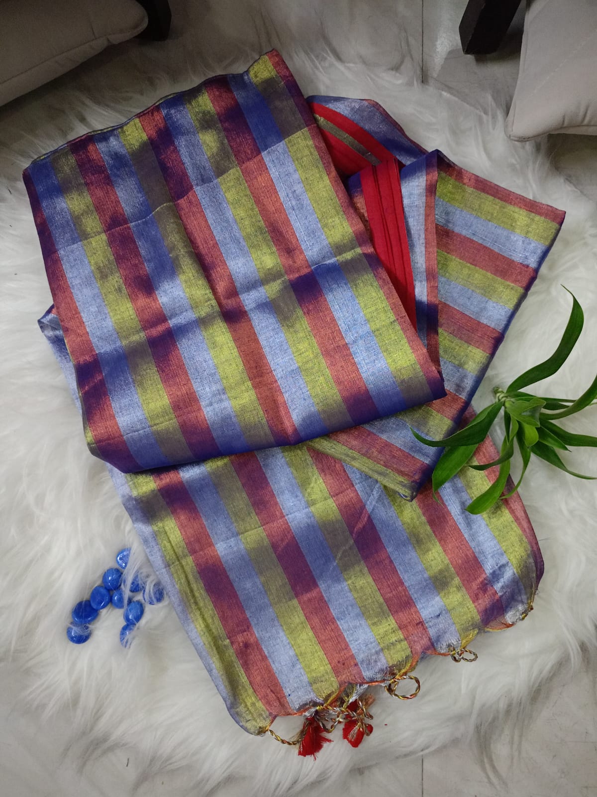 Multi Color Tissue with Gold Silver Red  Grey stripes Saree
