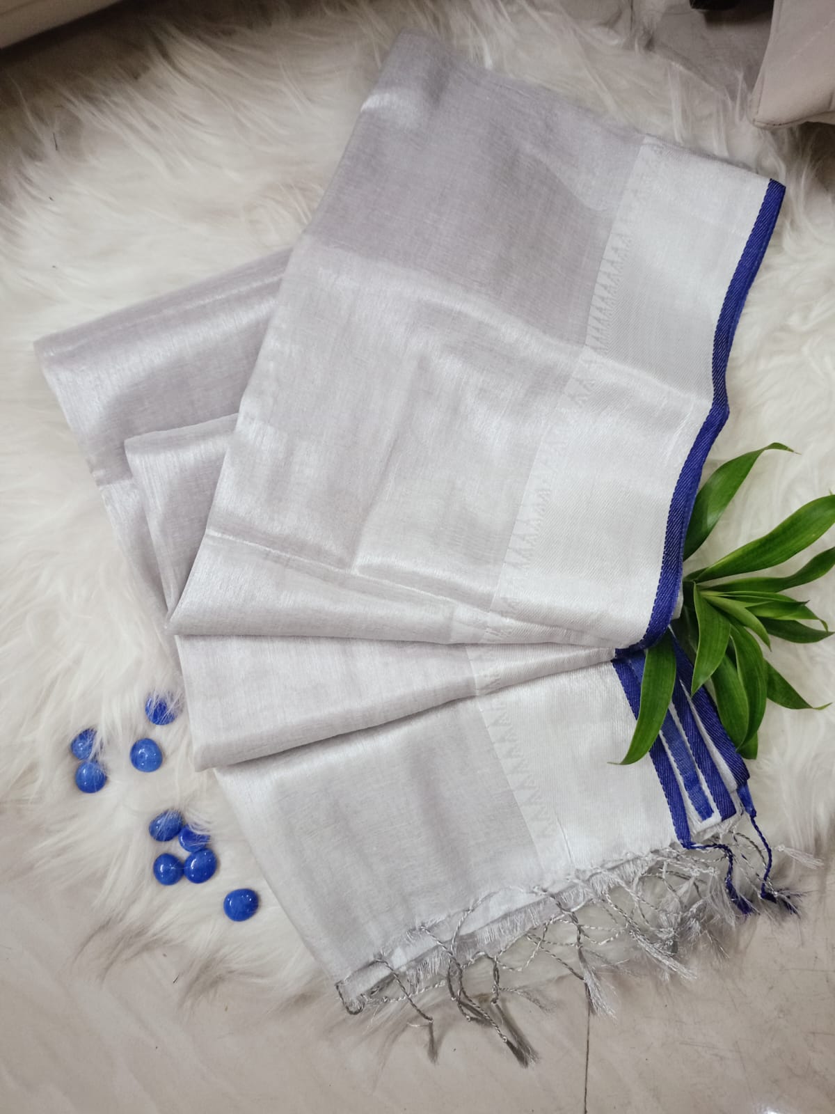 Silver  Soft Linen Tissue with  Temple  Border Saree