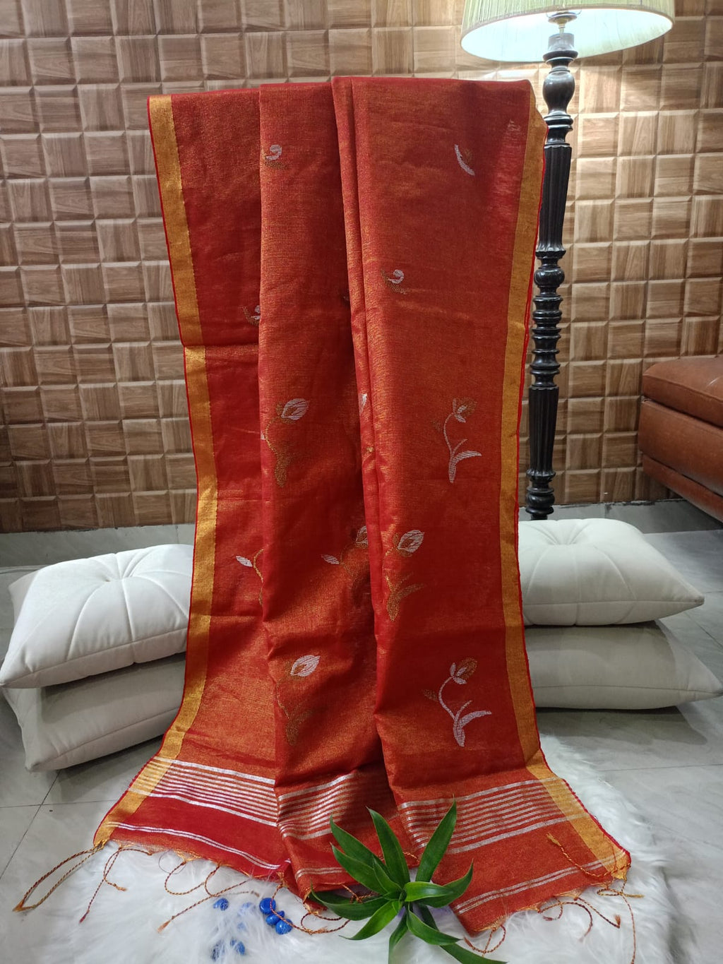 Golden Rust Jamdani Linen Tissue  Saree