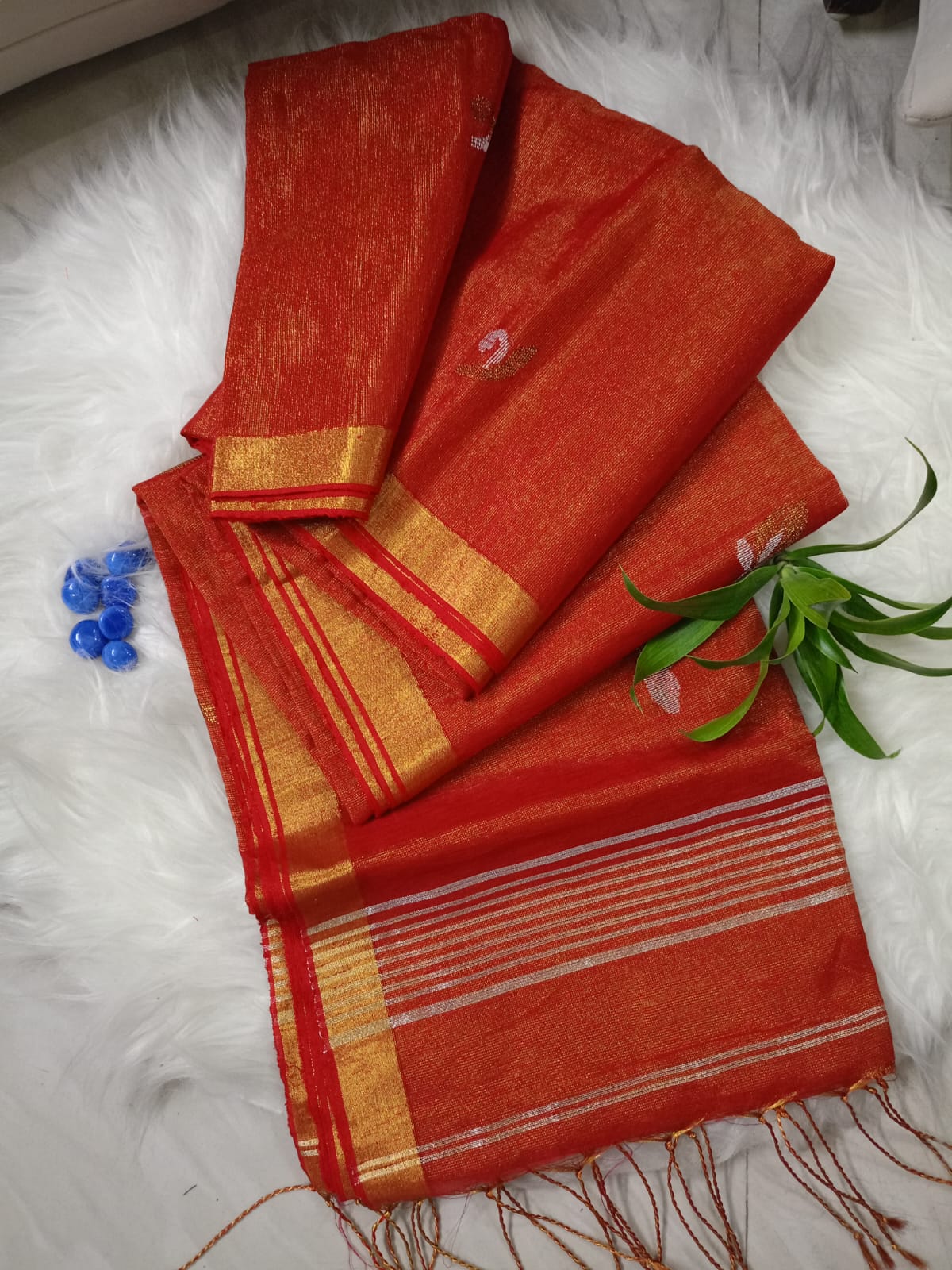 Golden Rust Jamdani Linen Tissue  Saree