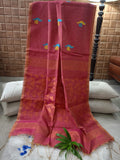 Golden Pink Jamdani with Turquoise Bird  Linen Tissue  Saree