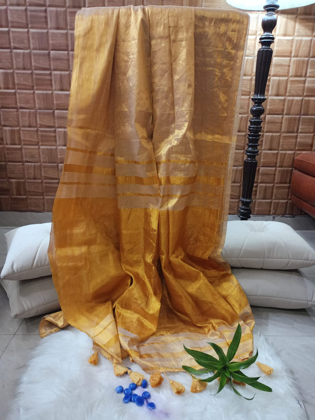 Mul Tissue Golden  Saree with Tassel