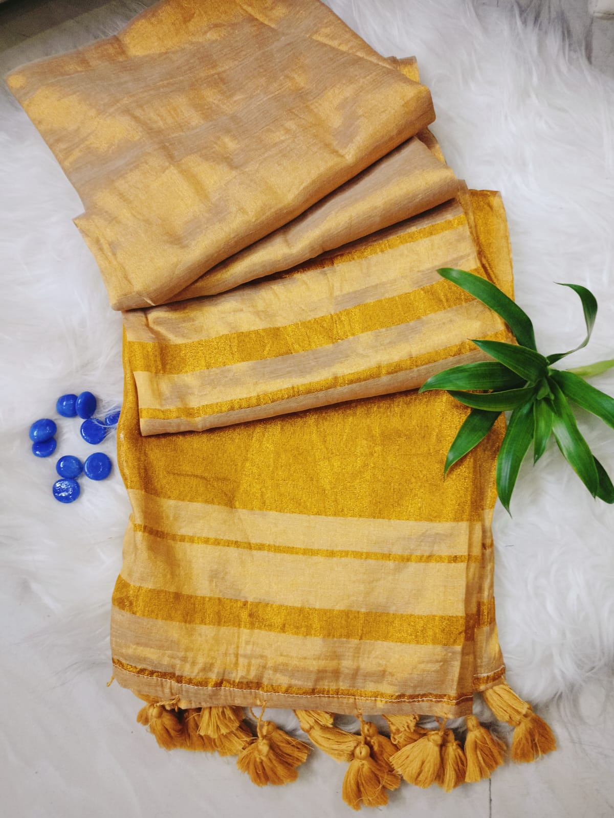 Mul Tissue Golden  Saree with Tassel