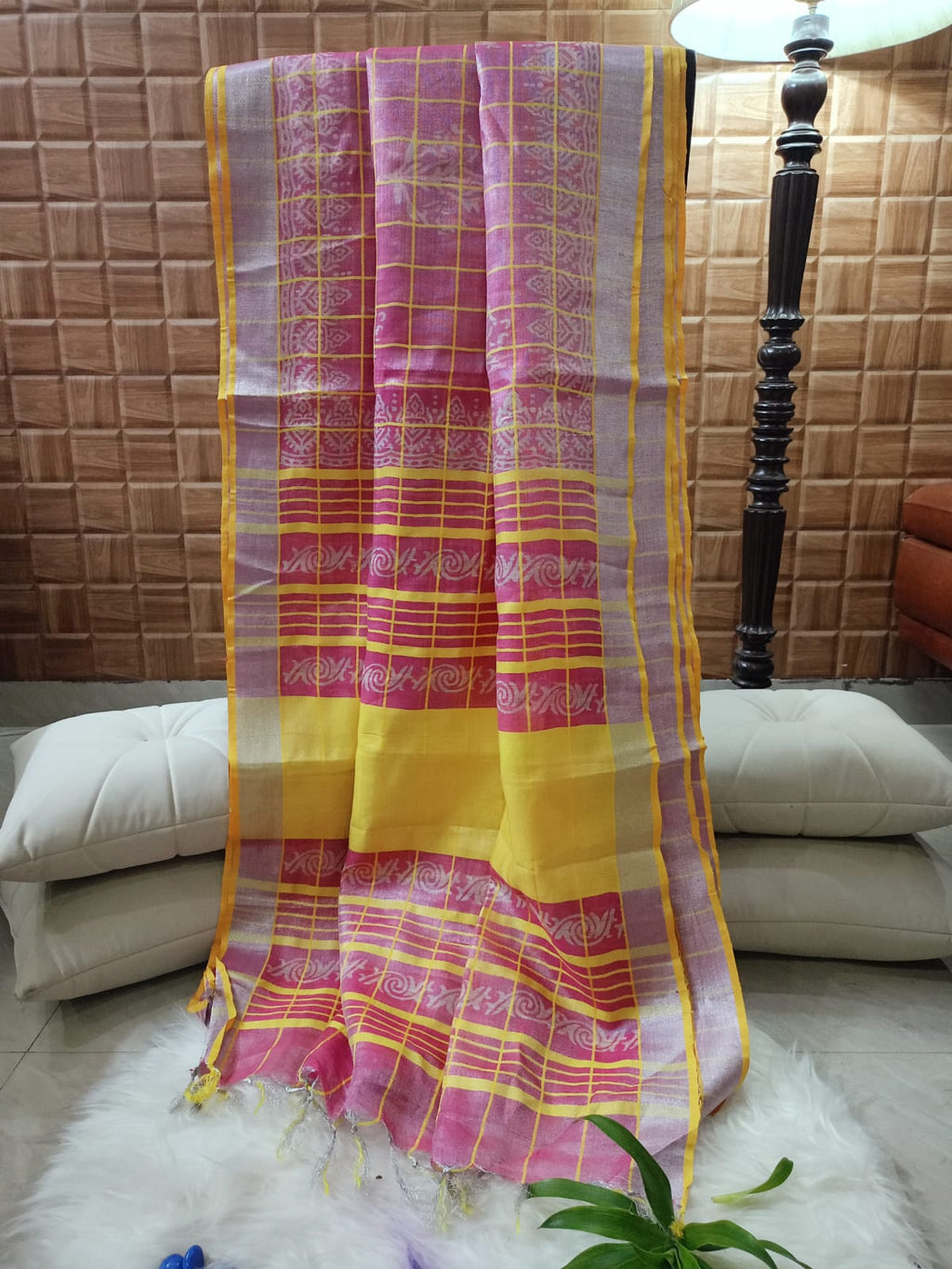 Handblock Pink and Yellow Tissue Linen Check Saree with Tassel
