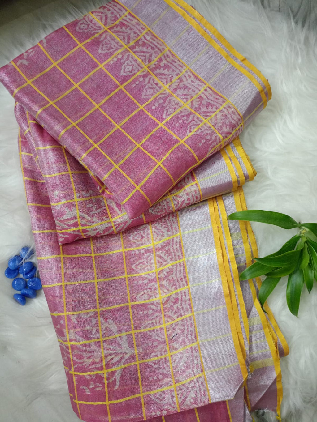 Handblock Pink and Yellow Tissue Linen Check Saree with Tassel