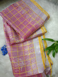 Handblock Pink and Yellow Tissue Linen Check Saree with Tassel