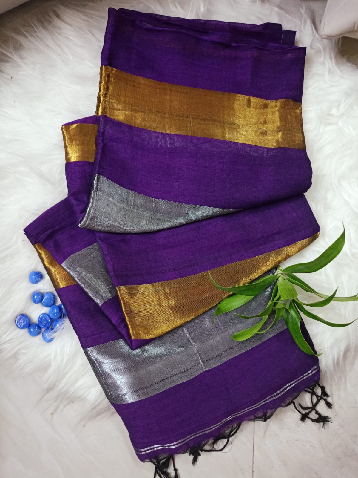 Purple Pure Linen with Gold and Silver stripes Saree