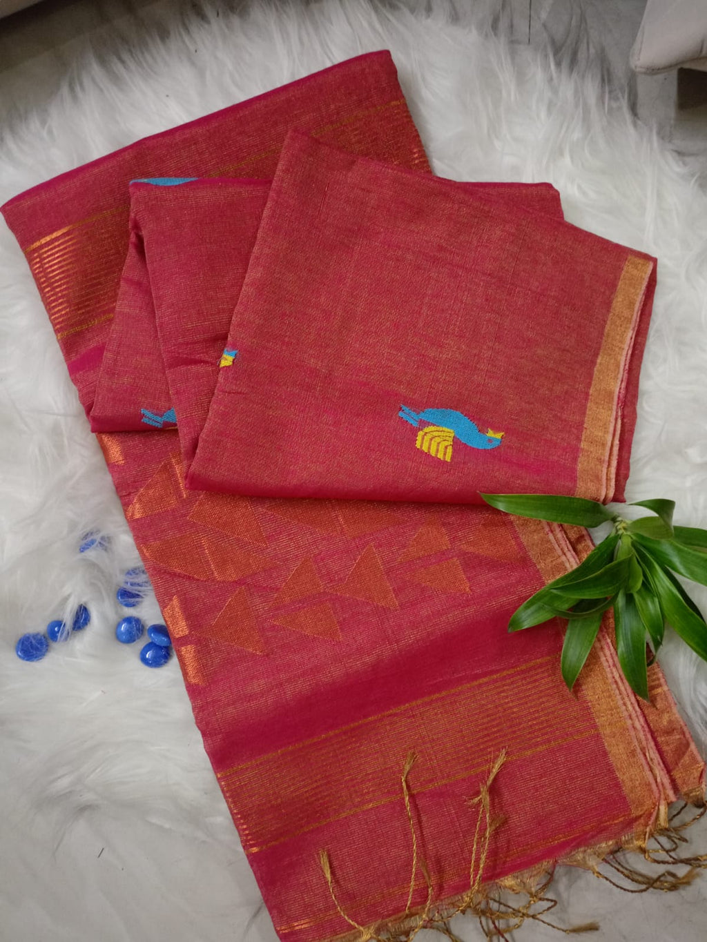 Golden Pink Jamdani with Turquoise Bird  Linen Tissue  Saree
