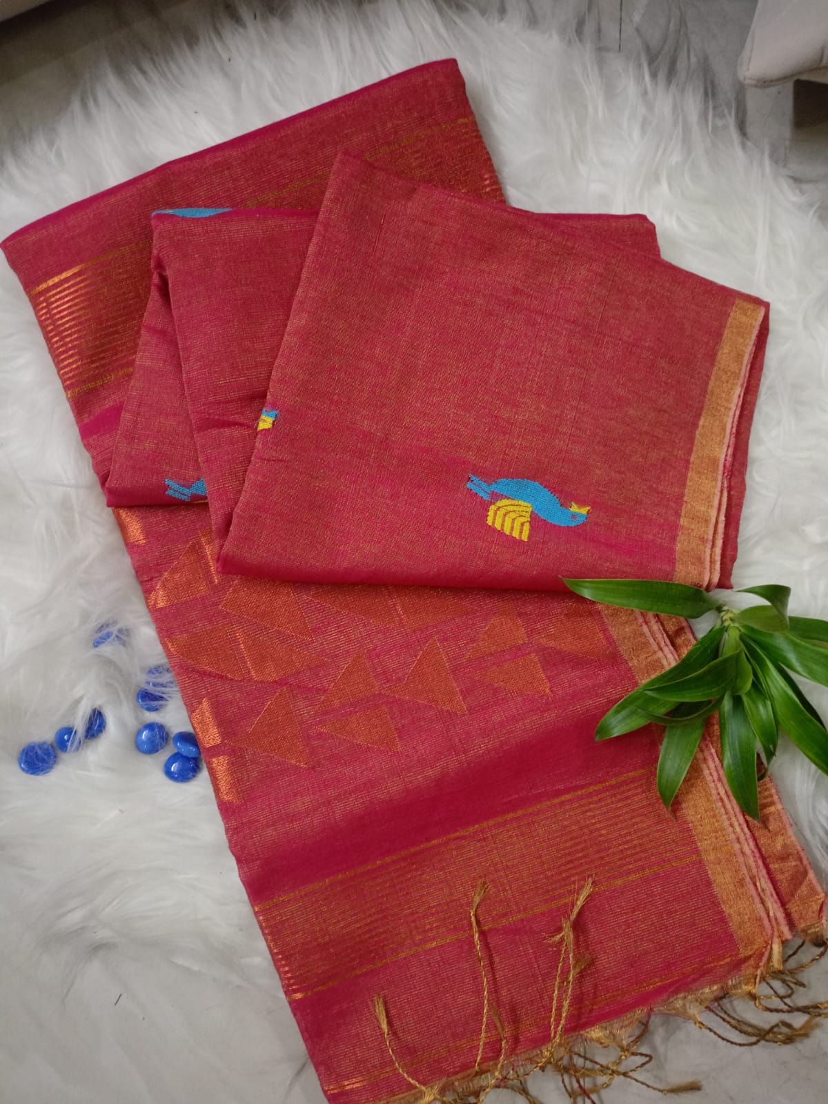 Golden Pink Jamdani with Turquoise Bird  Linen Tissue  Saree